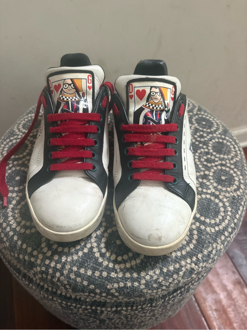 Dolce & Gabbana White, Black & Red  Sneakers with Playing Card Tongue